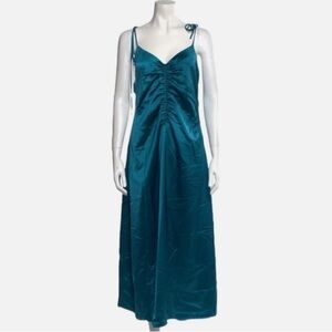 Jason Wu Midi Dress Ruched Satin Slip Teal Green Strappy